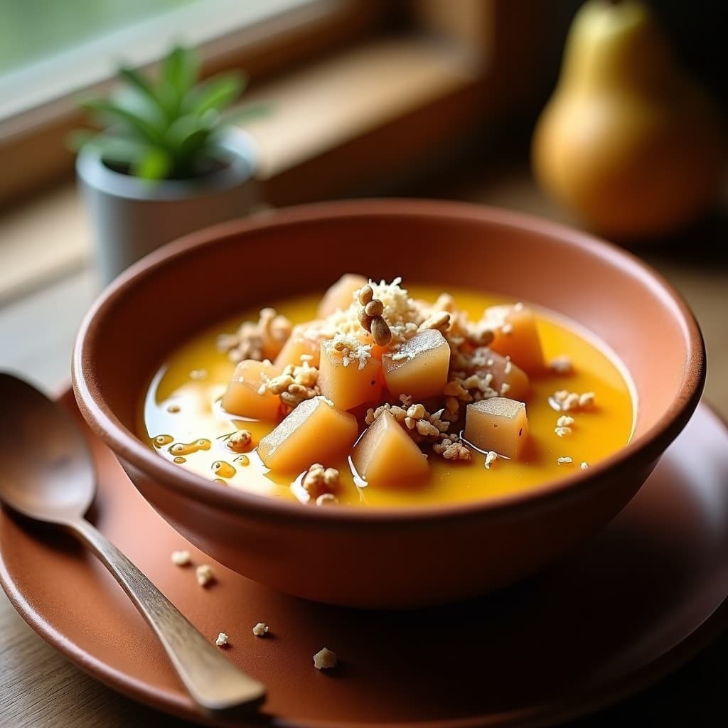 Pudín de lino dorado cremoso en un bol de barro con compota de peras doradas y canela, decorado con nueces picadas y coco rallado, servido sobre una mesa rústica de madera con una cuchara de madera.