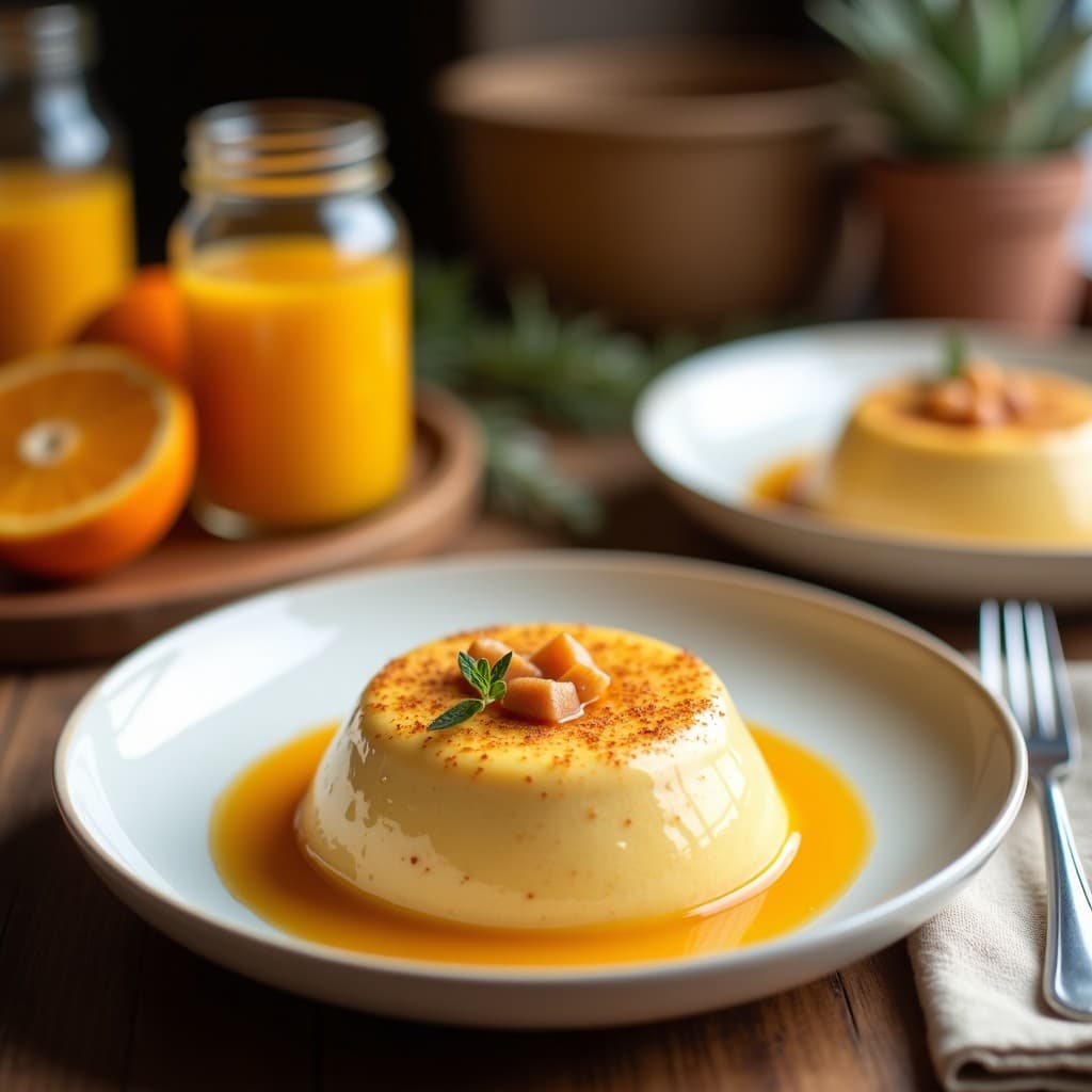 Pudín cremoso de semillas de lino dorado en tarro de cristal, con capas de zumo de naranja y decorado con nueces picadas y canela en polvo. Desayuno sin gluten y rico en omega-3.