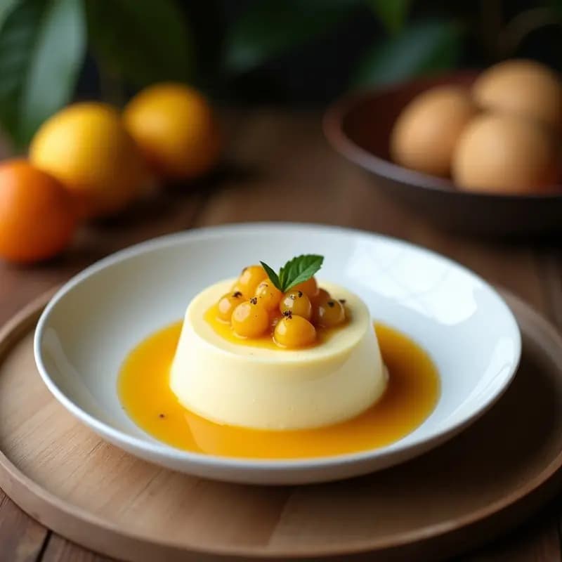 Bol de cerámica blanco con pudín de mijo cremoso, cubierto de compota de maracuyá amarilla brillante y espolvoreado con coco rallado y canela. Fondos borrosos de ingredientes tropicales.