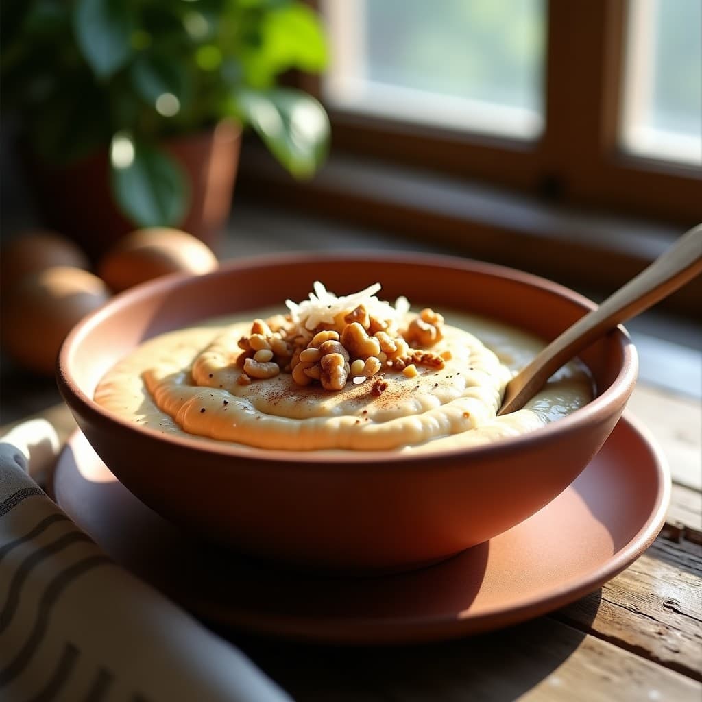 Bol de cerámica blanca con pudín de mijo cremoso, espolvoreado con canela, decorado con dátiles picados y nueces tostadas. Fondo rústico de madera con cuchara de madera.