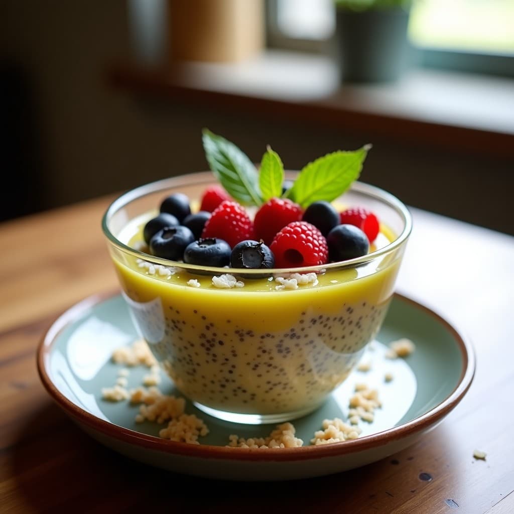 Pudín de quinoa inflada y leche de tigre con frutos rojos servido en un bol de cerámica blanca, decorado con granola crujiente, arándanos, frambuesas y hojas de menta fresca. El plato muestra capas de textura: cremoso en la base y crujiente en la superficie, con un color dorado característico de la leche de tigre.