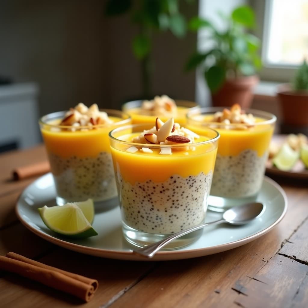 Copas de cristal transparente con pudín de quinoa y mango en capas, coronado con salsa de chía espesa y almendras fileteadas. Postre peruano sin azúcar y alto en proteína, con colores vibrantes amarillos y blancos.