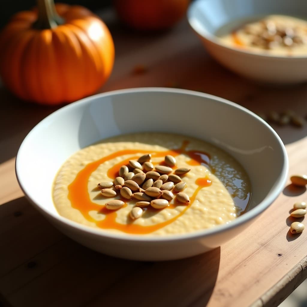 Pudín cremoso de avena y semillas de calabaza tostadas en un bol de cerámica blanco, coronado con caramelo brillante de dátiles y aguacate, espolvoreado con semillas. Desayuno sin azúcar y energético en un fondo rústico.