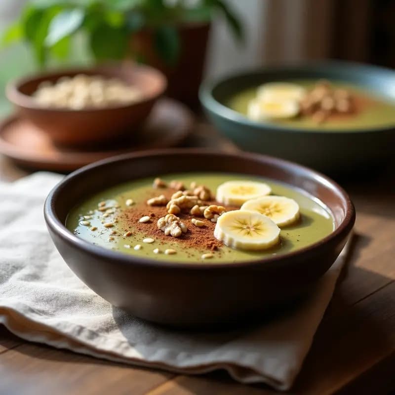 Pudín cremoso de semillas de calabaza y cardamomo servido en bol de barro con nueces picadas y rodajas de plátano, desayuno afgano sin gluten y sin lactosa.
