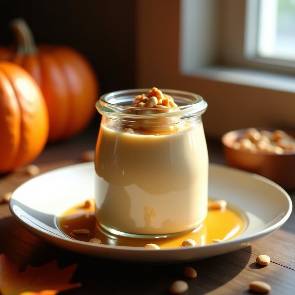 Pudín cremoso de semillas de calabaza en un tarro de vidrio transparente, decorado con jarabe de arce dorado y semillas de calabaza tostadas, sobre un fondo rústico de madera con hojas de arce. Desayuno canadiense keto sin azúcar.