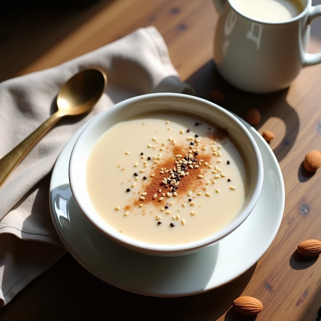Pudín cremoso de semillas de cávila en bol de cerámica blanca, decorado con frambuesas frescas, semillas de sésamo negro y un espolvoreado de cúrcuma y canela. Fondos borrosos de cocina natural con luz suave.