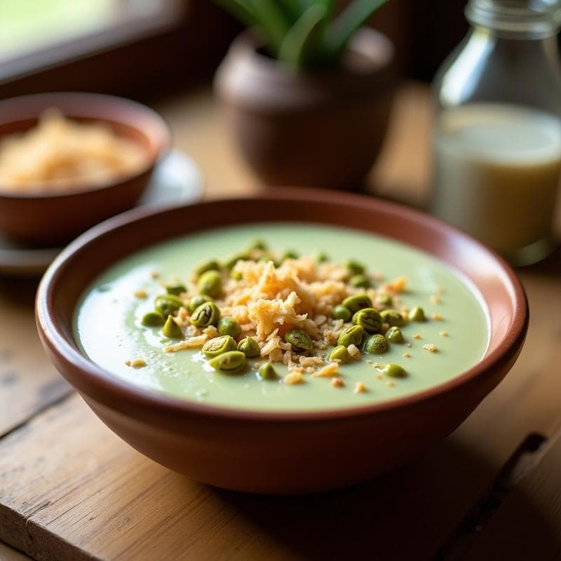 Pudín cremoso de semillas de chía y leche de pistacho con miel de dátil, decorado con pistachos tostados picados y coco rallado, servido en un bol de barro con fondo de madera rústica. Desayuno energético y saludable.