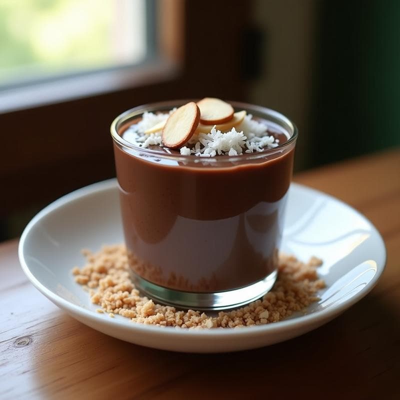 Copa de cristal transparente con pudín de semillas de hemp y cacao keto, textura cremosa y color chocolate oscuro, decorado con coco rayado y almendras fileteadas sobre un fondo rústico de madera.