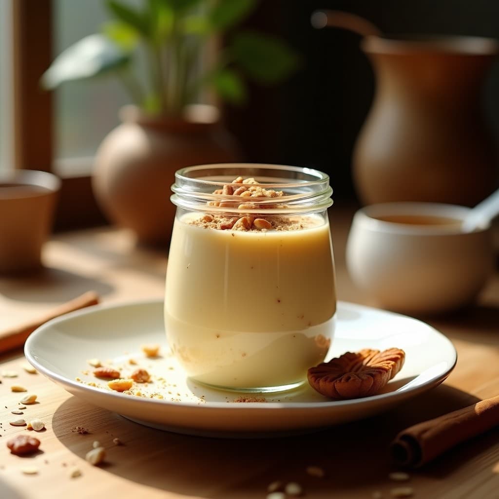 Pudín cremoso de semillas de lino dorado en tarro de cristal transparente, con leche de avena, decorado con nueces pecanas tostadas, coco rallado y un toque de canela en polvo, servido sobre una mesa de madera rústica con luz natural.