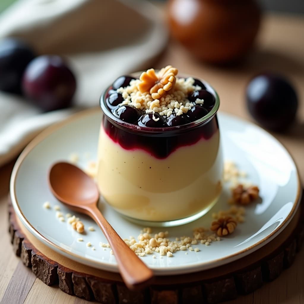 Pudín cremoso de semillas de lino dorado en un tarro de vidrio transparente, coronado con compota de ciruela negra brillante, nueces picadas y coco rallado. Desayuno vegano alto en fibra servido sobre una tabla de madera rústica con una cuchara de madera.