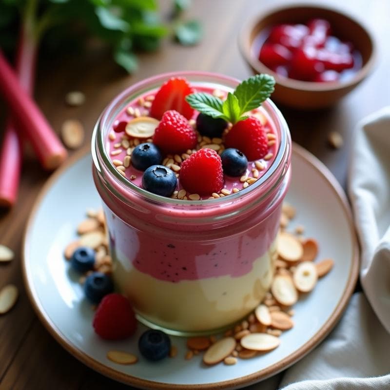 Pudín de semillas de lino dorado en tarro de cristal con capas de compota de rhubarb rosada y frutos rojos frescos, decorado con semillas de chía y almendras fileteadas. Desayuno vegano sin cocción sobre fondo de madera rústica.