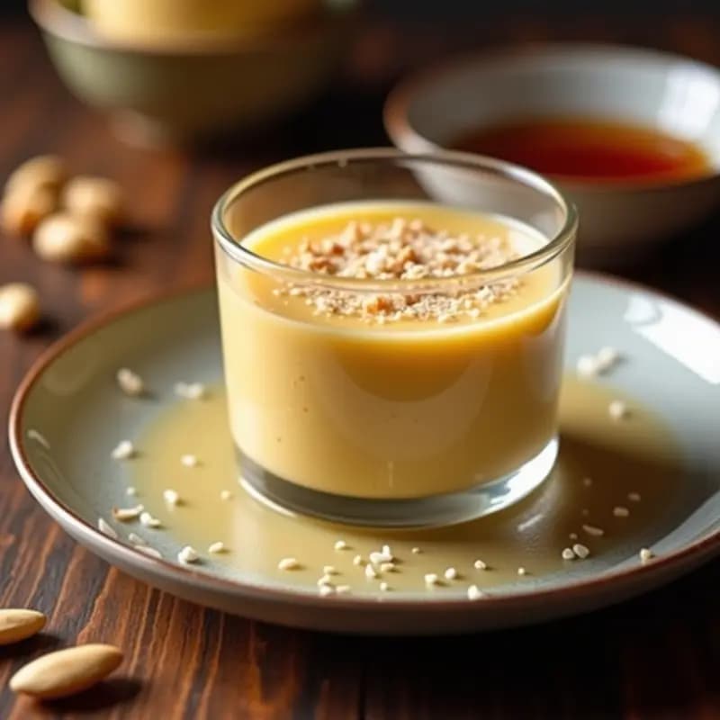Pudín de semillas de loto con jarabe de tamarindo en Thermomix, servido en copas de cristal con coco rallado, textura cremosa y color dorado claro, postre vegano chino alto en fibra.