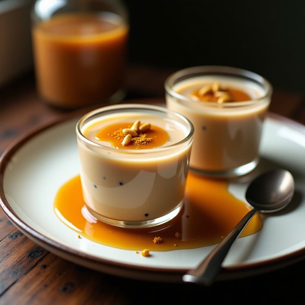 Pudín cremoso de semillas de loto y leche de cebada en copas de cristal transparente, coronado con caramelo salado dorado y semillas de loto tostadas, sobre fondo rústico de madera oscura.