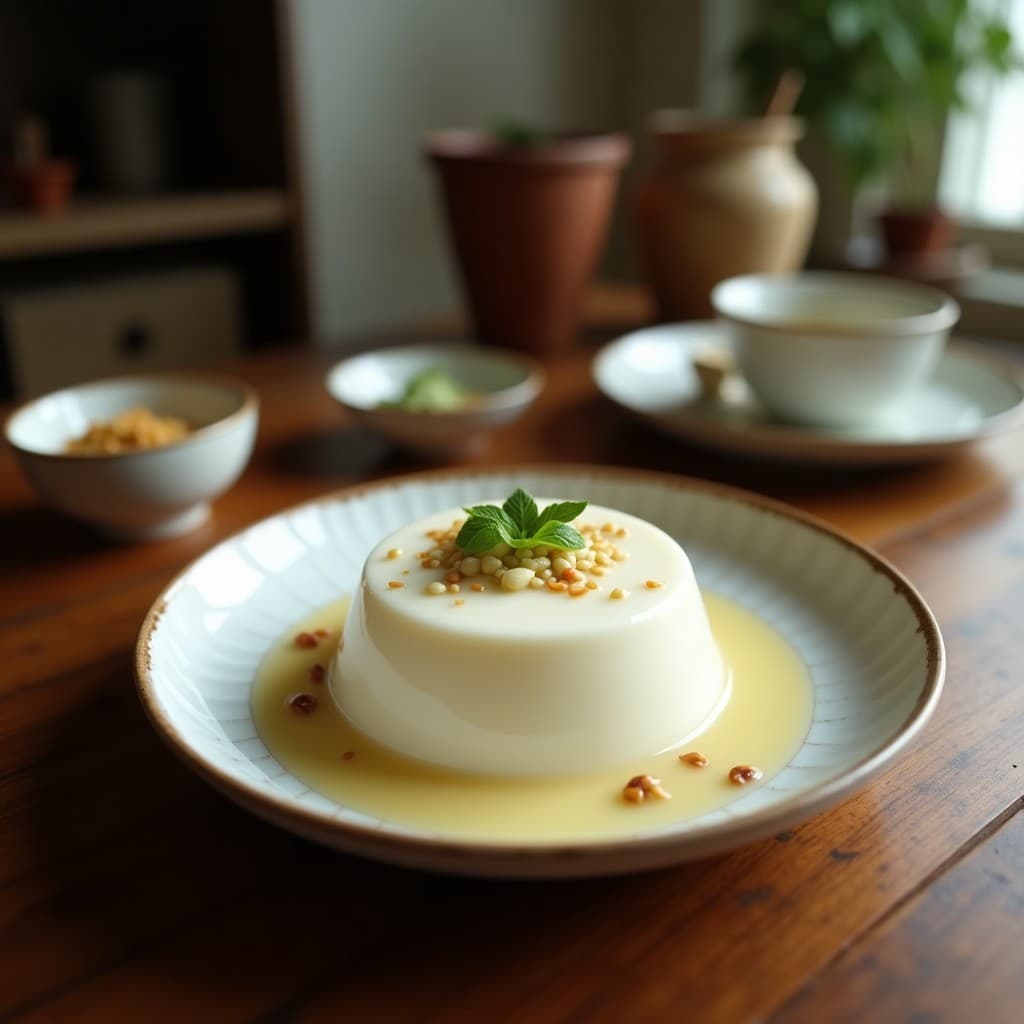 Pudín de semillas de loto y leche de coco servido en vasitos de cristal transparente, con capas cremosas y decoración de coco rallado sin azúcar y canela en polvo, sobre una mesa de madera rústica con hojas de plátano como fondo. Postre chino tradicional vegano y keto.