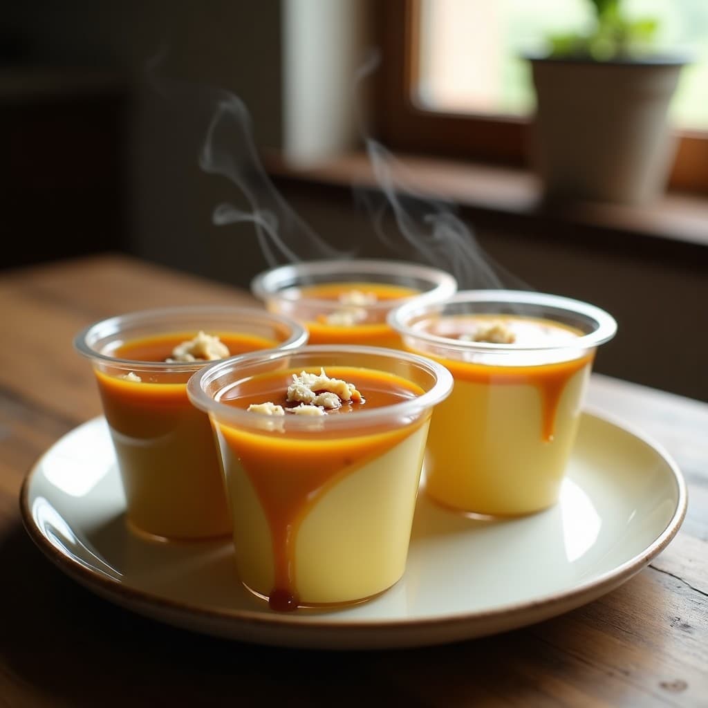 Pudín de sémola de maíz brasileño en moldes individuales de vidrio, con capas doradas de caramelo salado de dátiles, decorado con coco rallado y almendras tostadas. Textura cremosa y brillo natural, servido en tupper transparente sobre fondo rústico de madera.