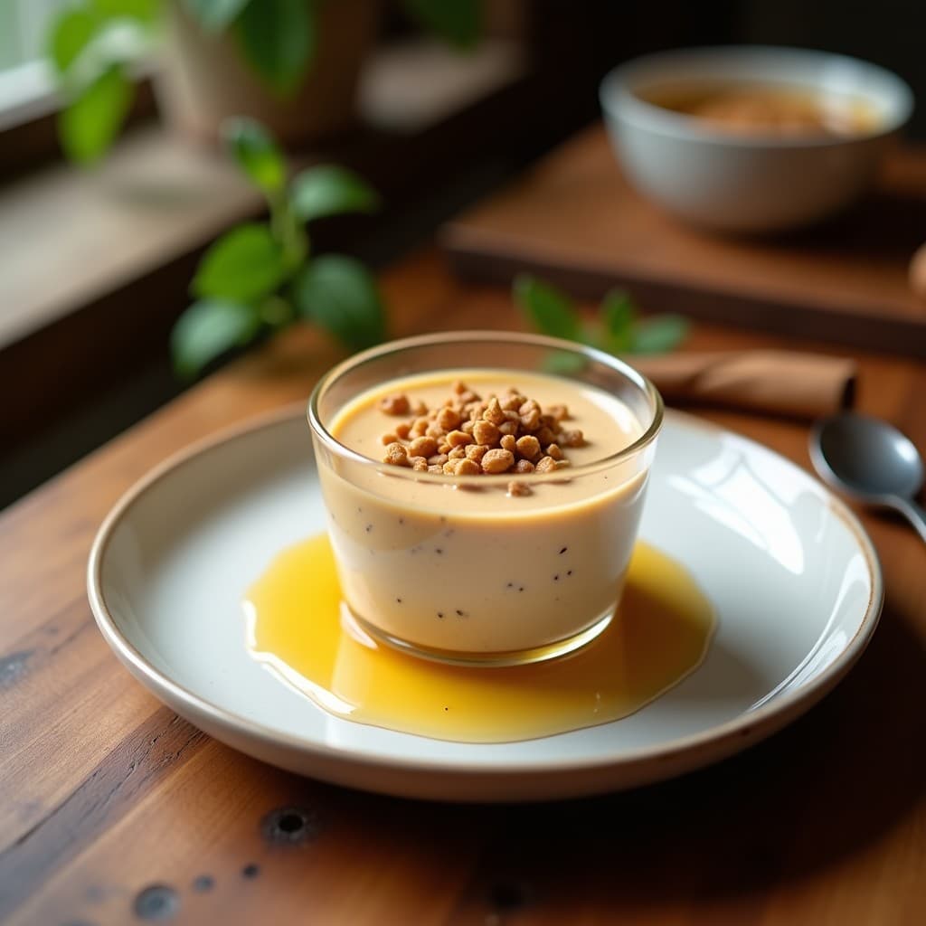 Pudín de sémola de trigo sarraceno y leche de avellana servido en copa de cristal transparente, con avellanas tostadas picadas encima y un hilo de miel dorada, postre francés sin gluten.