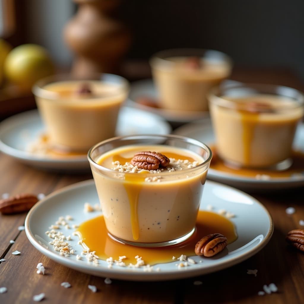 Pudín de sémolas de trigo sarraceno con sirope de arce en copas de cristal transparente, decorado con nueces pecanas tostadas y coco rallado, sobre una mesa rústica de madera con fondo desenfocado.