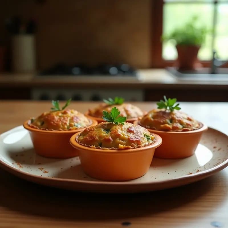 Pudines de magro al horno dorados en molde de silicona, con textura esponjosa y superficie ligeramente crujiente, servidos en plato rústico de barro con decoración de perejil fresco.
