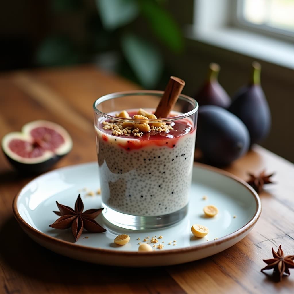 Puddín de semillas de chía con leche de macadamia en vaso de cristal transparente, coronado con compota de higo negro brillante, nueces de macadamia tostadas y un hilo de esencia de flor de azahar. Fondo rústico con especias de canela y anís estrellado. Desayuno keto sin azúcar.