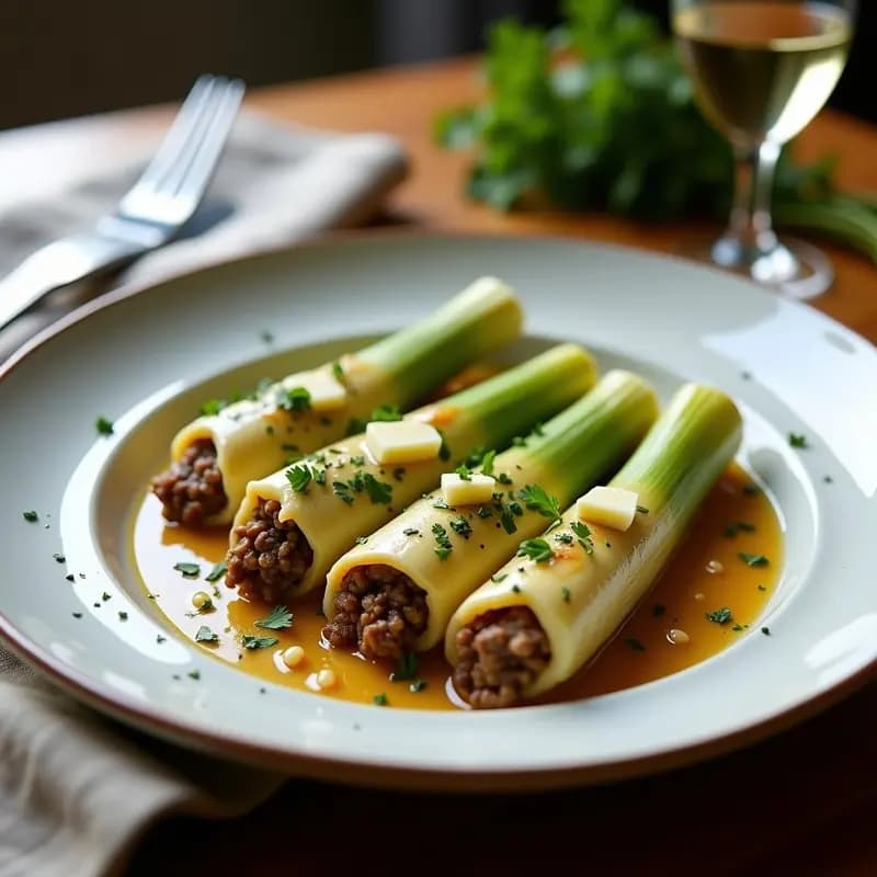 Plato ovalado de loza blanca con cuatro puerros rellenos de carne y arroz, bañados en una salsa dorada de mostaza y miel, acompañados de hierbas frescas y servidos sobre un mantel rústico de lino. Receta francesa clásica en olla lenta.