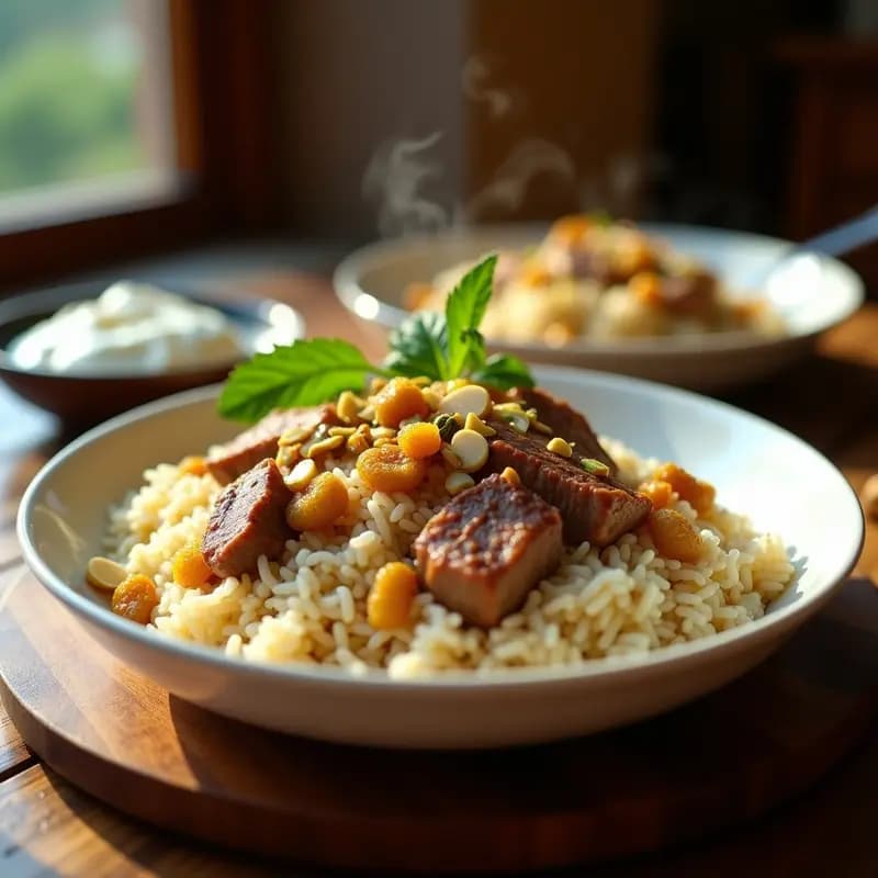 Plato hondo de cerámica blanca con Pulau de Cordero y Arroz afgano: arroz basmati perfumado con especias, trozos de cordero tierno, pasas doradas, almendras y pistachos tostados, decorado con hojas de menta fresca y acompañado de yogur griego.