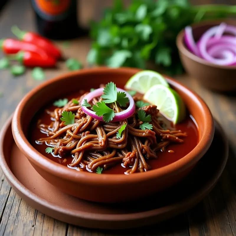 Plato hondo de barro con pulled beef desmenuzado bañado en salsa espesa de color rojo oscuro de guajillo y cerveza negra, acompañado de cebolla morada en juliana y cilantro fresco. Fondos de tacos de maíz y limones en rodajas a los lados.