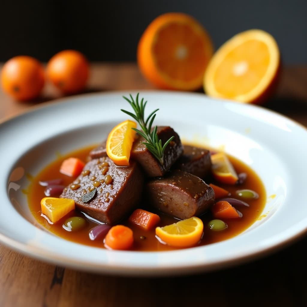 Plato hondo de cerámica blanca con pulmón de ternera en trozos dorados, bañado en una salsa espesa de color ámbar por la naranja y el romero. Acompañado de rodajas de zanahoria y apio, decorado con gajos de naranja fresca y una ramita de romero. Receta francesa de pulmón a la naranja con romero en olla express.
