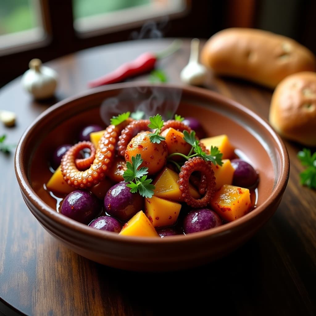 Plato hondo de barro con pulpo al ajillo en trozos dorados, patatas moradas en cubos, aceite de oliva brillante y perejil fresco. Receta de pulpo al ajillo con patata morada en olla exprés con toque ibérico.
