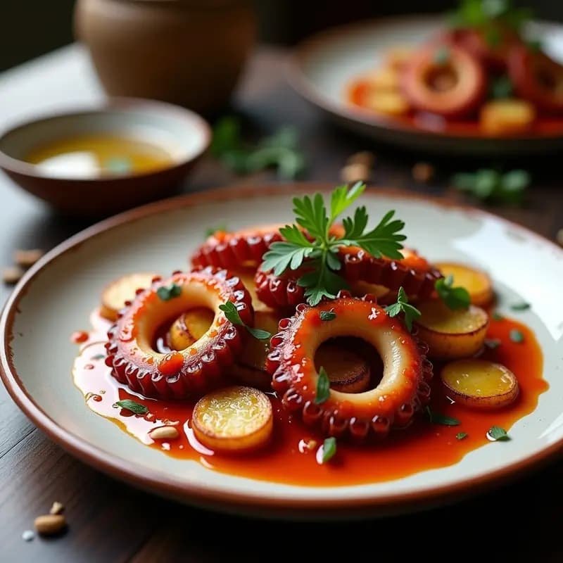 Plato rústico de barro con pulpo al ajillo dorado, patatas panaderas crujientes y salsa romesco cremosa, decorado con perejil fresco y ajos dorados, receta española gourmet en sartén.