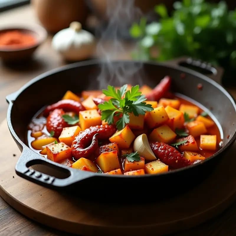 Sartén de hierro con pulpo al ajillo, patatas baby doradas y pimentón de la Vera espolvoreado, decorado con perejil fresco y ajos dorados. Plato tradicional español humeante.