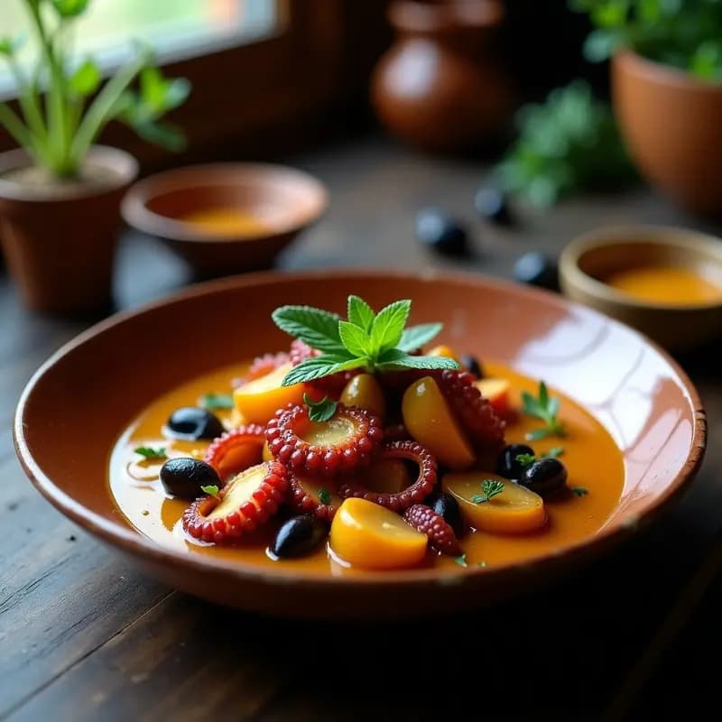 Plato hondo de barro con pulpo al olivo peruano: trozos tiernos de pulpo bañados en una salsa espesa de color dorado, con aceitunas negras, ají amarillo y cerveza, decorado con hojas de huacatay.