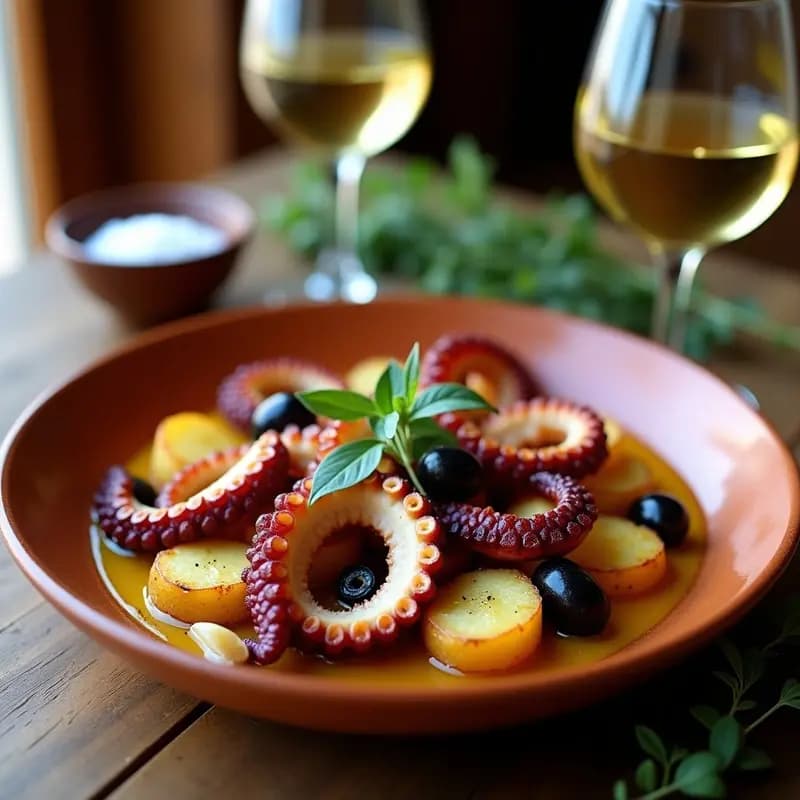 Plato tradicional canario de pulpo al olivo con patatas panaderas doradas, aceitunas verdes y negras, y huevo gratinado, servido en fuente de barro rústica con perejil fresco.