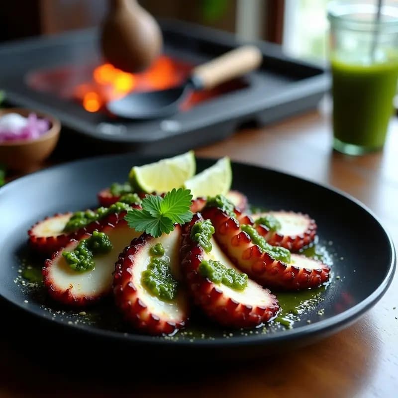 Plato de pulpo a la brasa con chimichurri verde, trozos dorados de pulpo sobre cebolla morada salteada, bañados en una salsa verde vibrante de huacatay y perejil, servido en un plato de barro rústico.
