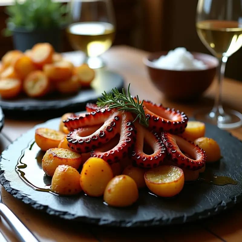 Plato de pizarra negro con pulpo a la brasa dorado y ahumado, servido sobre un lecho de patatas panaderas trinchadas con pimentón y ajo. Acompañado de ramitas de tomillo fresco y un hilo de aceite de oliva virgen extra, receta gallega tradicional.