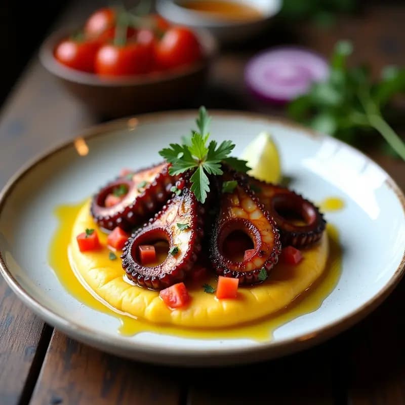 Plato de pulpo a la brasa peruano dorado y ahumado, servido sobre un puré de papa amarilla cremoso, acompañado de cebolla morada y tomate picado, decorado con cilantro fresco y limón.