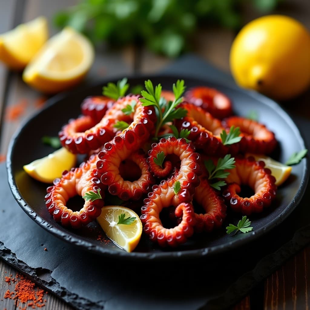 Plato de pizarra con pulpo a la brasa dorado y crujiente, espolvoreado con pimentón de La Vera ahumado y perejil fresco, acompañado de gajos de limón y un fondo rústico de madera oscura.