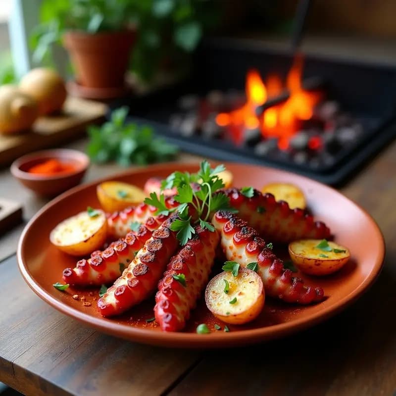 Plato de barro rústico con pulpo a la brasa cortado en trozos grandes, espolvoreado con pimentón de la Vera, acompañado de rodajas doradas de patata panadera asada en parrilla, decorado con perejil fresco y un hilo de aceite de oliva.