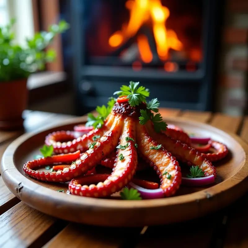 Pulpo a la brasa con pimentón de piquillo servido en fuente de madera rústica, dorado y jugoso, acompañado de cebolla morada encurtida, pimiento rojo asado y perejil fresco, con fondo de grill humeante.