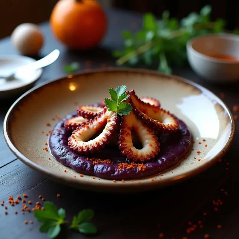 Plato gourmet canario con pulpo a la brasa en rodajas sobre un puré de patatas negras cremoso, decorado con perejil fresco, aceite de oliva virgen extra y gajos de limón, servido en un plato de barro rústico.