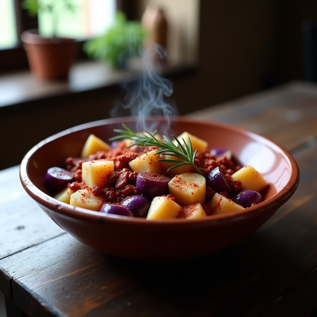 Plato hondo de barro con pulpo al carboncillo desmenuzado, patatas violas en cubos cremosos y un espolvoreado generoso de pimentón ahumado. Acompañado de una rama de romero fresco y un hilo de aceite de oliva virgen extra sobre fondo rústico de madera oscura.