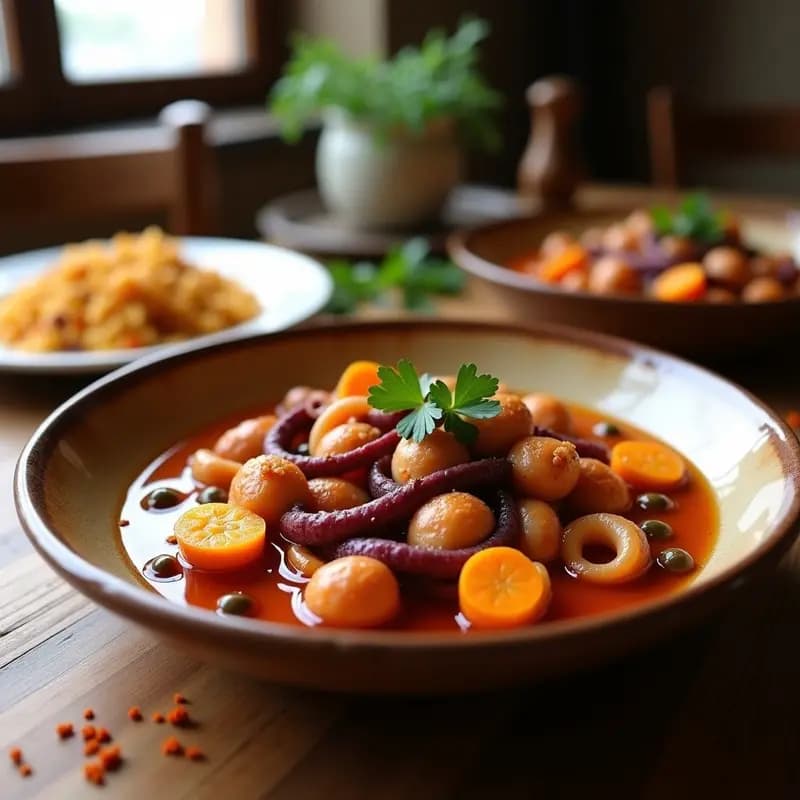 Plato de pulpo en escabeche con pimentón de la Vera servido en fuente de barro, con trozos de pulpo tierno bañados en un líquido dorado de escabeche, cebolla morada, zanahoria y alcaparras. Decorado con perejil fresco y un toque de pimentón espolvoreado.