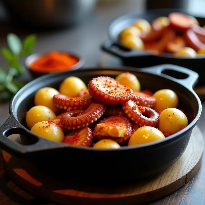 Cazuela de hierro con pulpo a la gallega en trozos dorados, patatas cachelo amarillas enteras y pimentón de la Vera espolvoreado, receta tradicional de feria gallega.