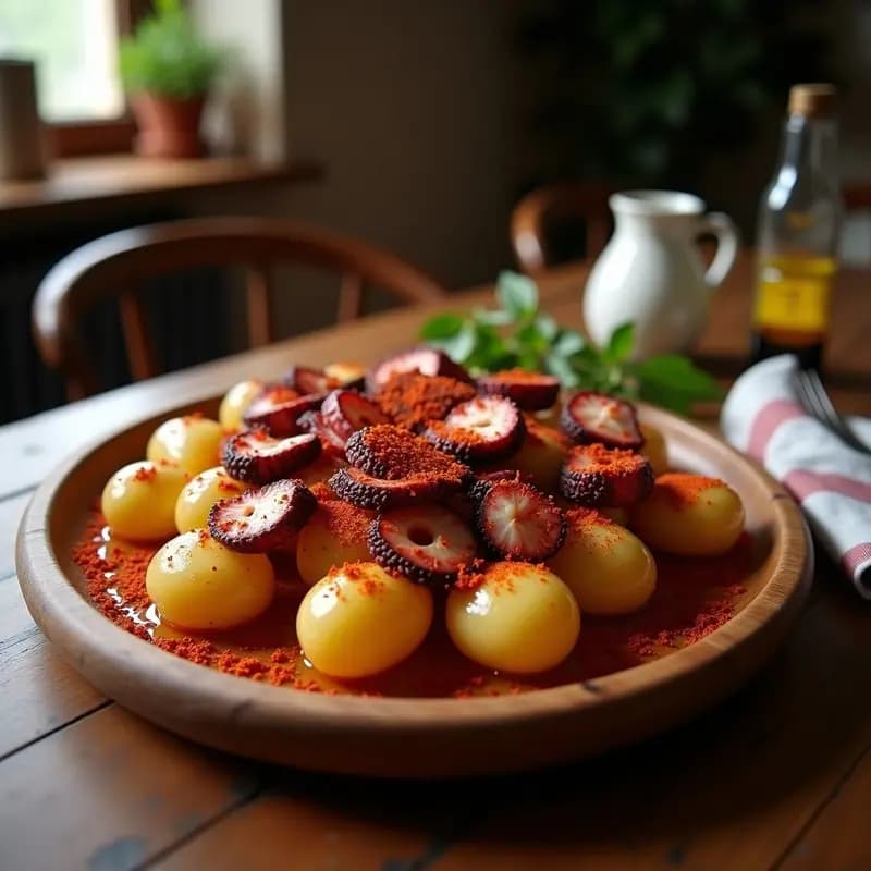 Plato tradicional gallego de pulpo a la gallega con cachelo en fuente de madera, rodajas de pulpo tierno sobre patatas cocidas con piel, espolvoreado con pimentón dulce y aceite de oliva virgen extra.