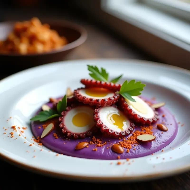 Plato gourmet de pulpo a la gallega con rodajas tiernas sobre puré cremoso de patata morada, espolvoreado con pimentón de La Vera, almendras tostadas y perejil fresco. Receta de mar con toque gourmet.