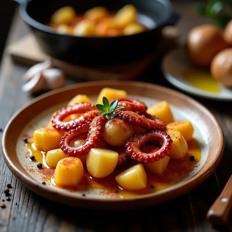 Plato rústico de pulpo a la gallega con rodajas de patata cocida, espolvoreado con pimentón de la Vera y aceite de oliva virgen extra, servido en sartén de hierro con fondo de madera oscura.