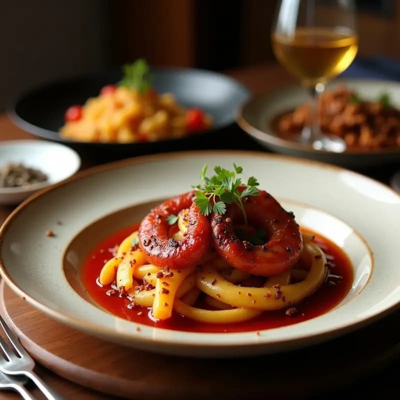 Plato de pulpo a la gallega con rodajas de patata púrpura asada en parrilla, aderezado con pimentón de la Vera y aceite de oliva virgen extra. Entrante español keto con colores vibrantes y texturas ahumadas.