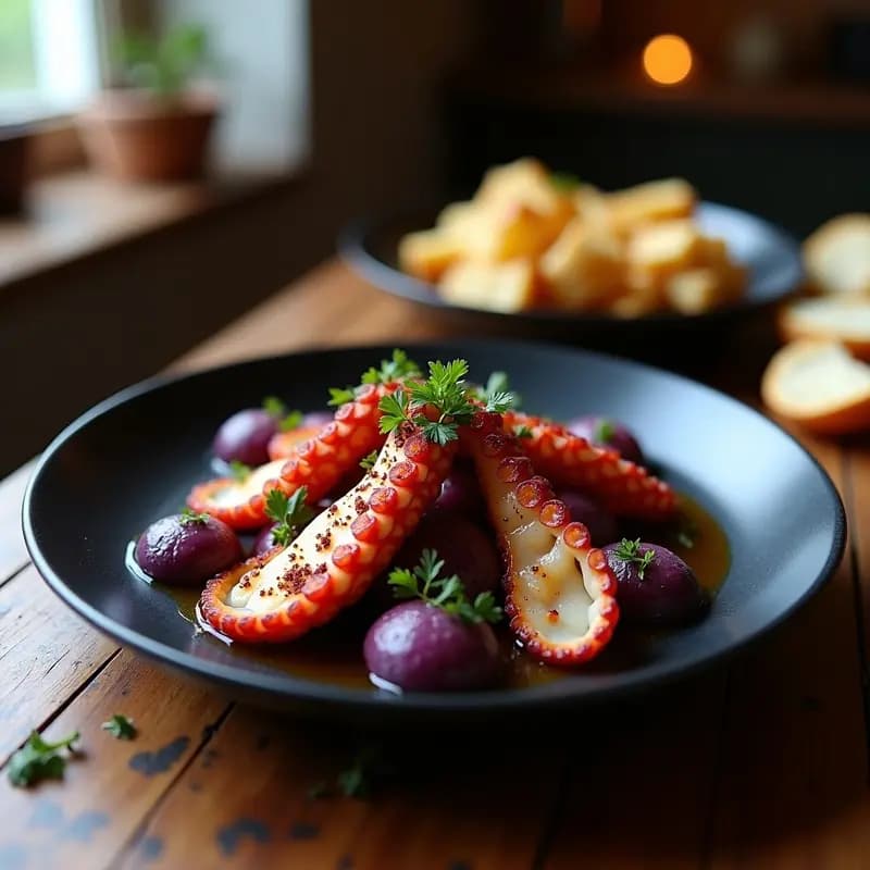Plato de cerámica negra con pulpo a la gallega troceado, patatas púrpura en rodajas, espolvoreado con pimentón ahumado y perejil fresco. Fondos de aceite de oliva virgen extra y un toque rústico con migas de pan tostado.