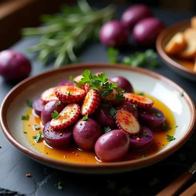 Plato tradicional gallego con pulpo tierno cortado en trozos gruesos sobre un lecho de patatas púrpuras cocidas en rodajas, espolvoreado con pimentón de la Vera y perejil fresco, bañado en aceite de oliva virgen extra. Presentación rústica en plato de barro con fondo oscuro.