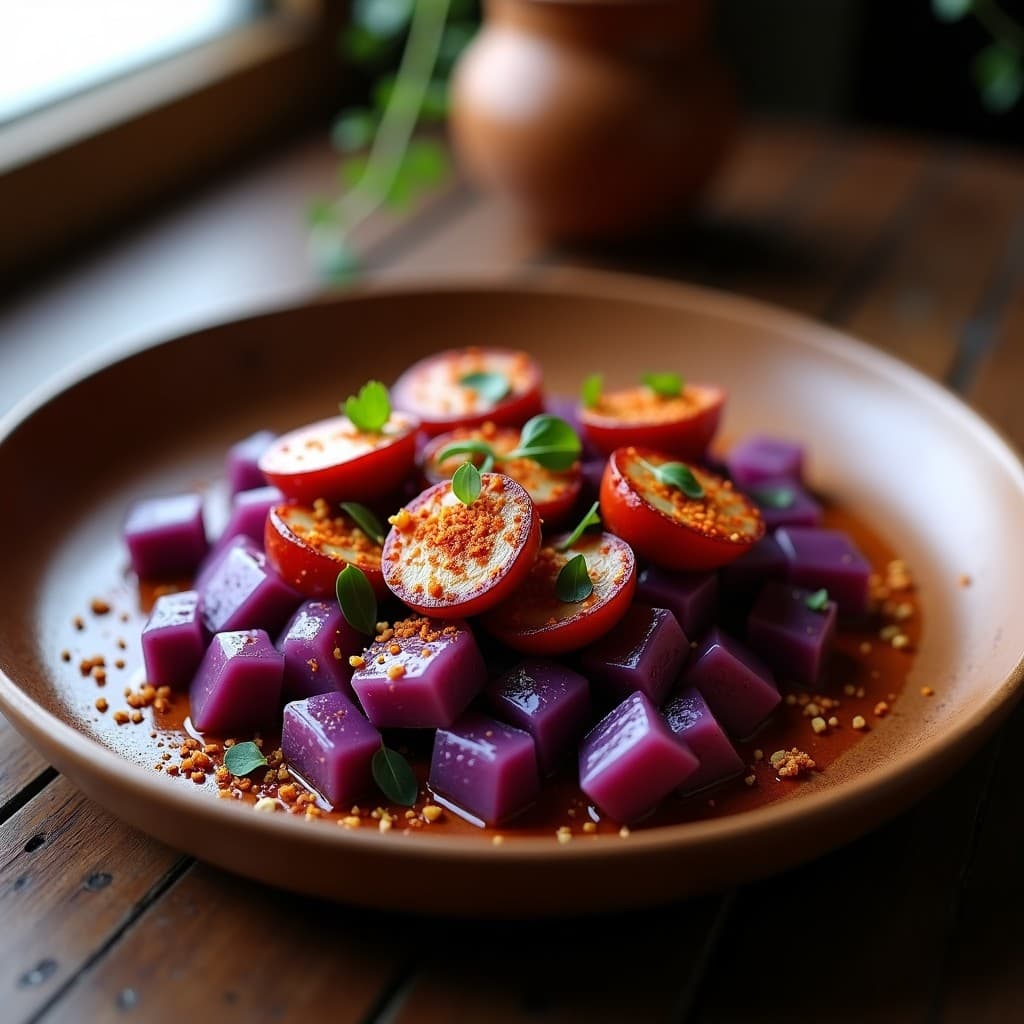 Plato de barra de madera con pulpo a la gallega en trozos tiernos, patata morada en cubos ligeramente aplastados, espolvoreado con pimentón de la Vera, ajos dorados y perejil fresco. Fondo borroso de cocina rústica con luz cálida, receta tradicional en olla exprés.