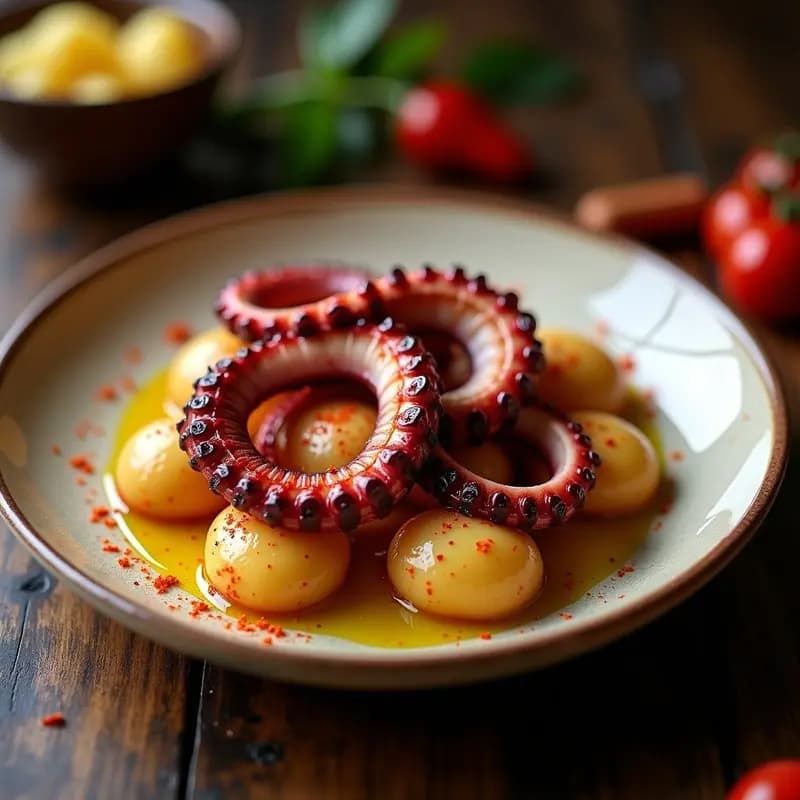 Plato tradicional de pulpo a la gallega con rodajas gruesas de pulpo tierno sobre patatas cocidas, espolvoreado con pimentón dulce y bañado en aceite de oliva virgen extra, servido en fuente de barro rústica.